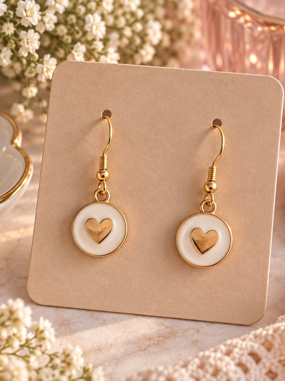 Gold Heart Drop Earrings in White Enamel New